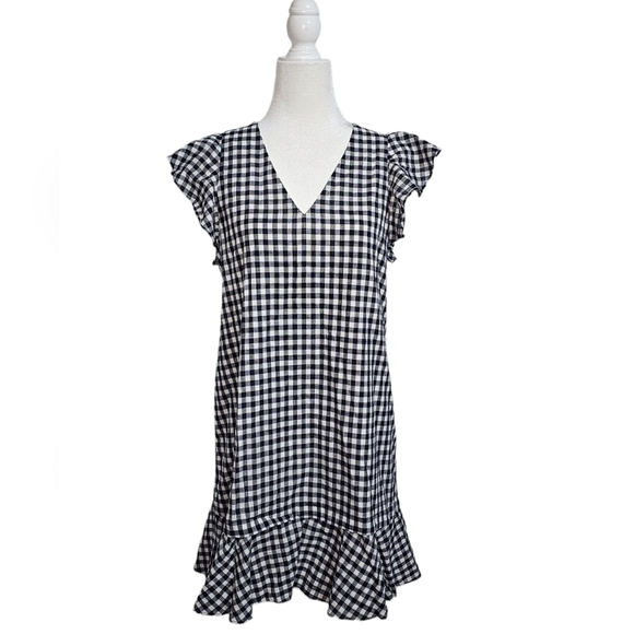 Madewell checkered black white and gray cap sleeve V-neck bell sleeves size 10 - Picture 1 of 12